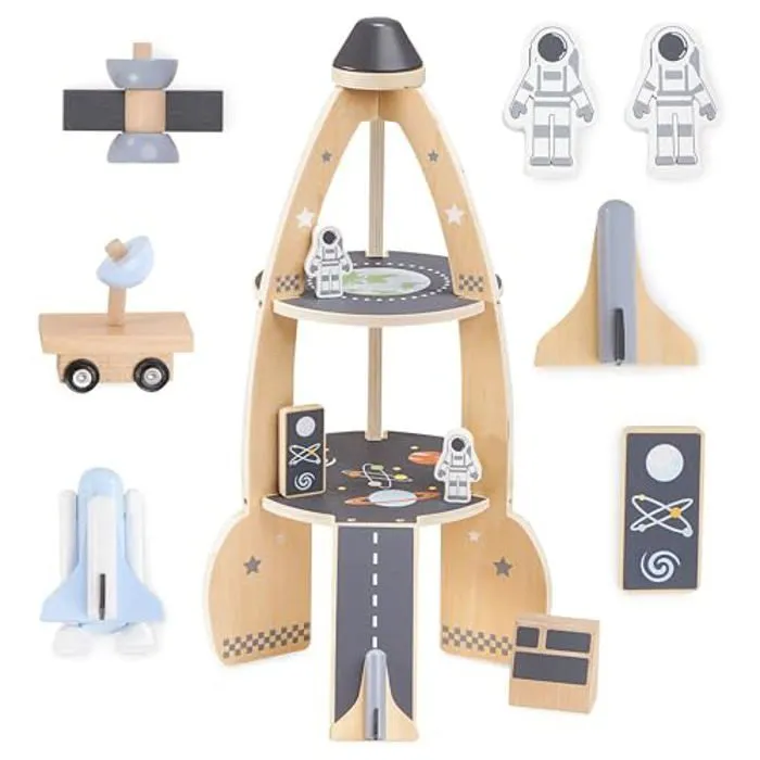 Fusée Spatiale en Bois - Mamabrum - Garage Enfant - 2 Astronautes - 2 Véhicules - Satellite-0