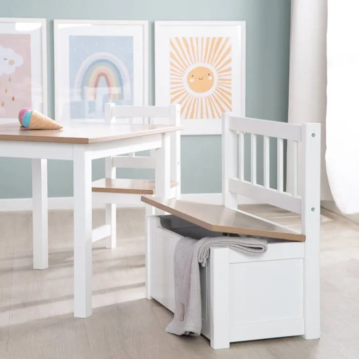 ROBA Banc Coffre à Jouets Woody pour Enfant - Meuble de Rangement en Bois 2 en 1 - Fermeture Douce - Blanc / Aspect Bois-5