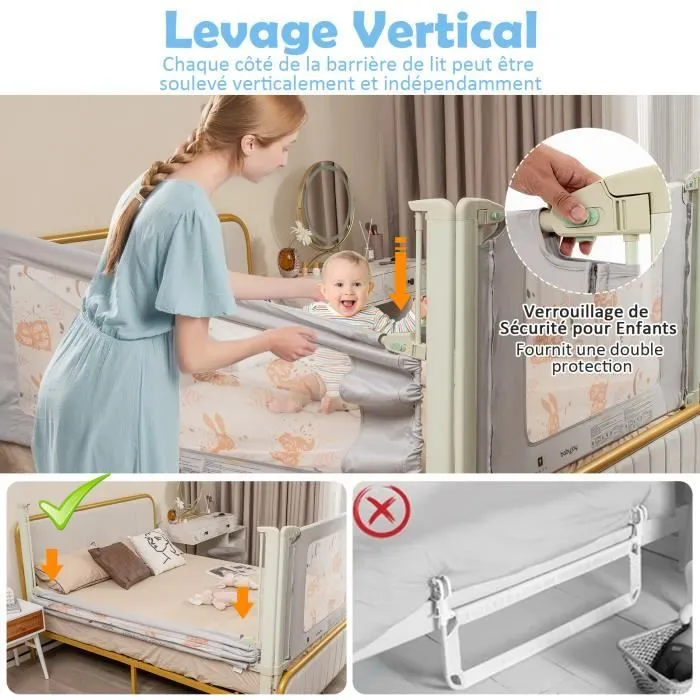 COSTWAY Barrière de Lit pour Enfant Portable 180x47CM 4 Hauteur Réglable Soulèvement Vertical,Double Verrou de Sécurité 0-3 Ans Gris-3