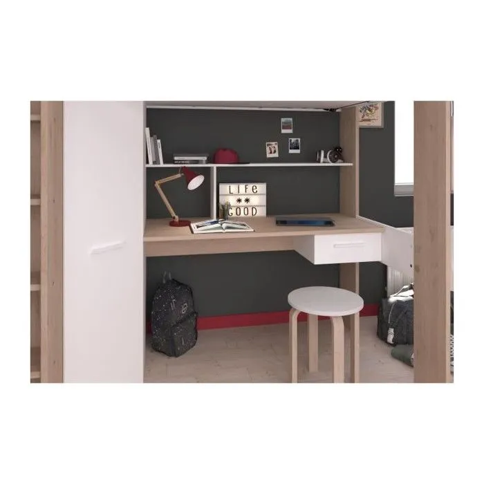Lit mezzanine avec bureau et armoire - 90 x 200 cm - Coloris : Blanc et naturel - AUCKLAND-4