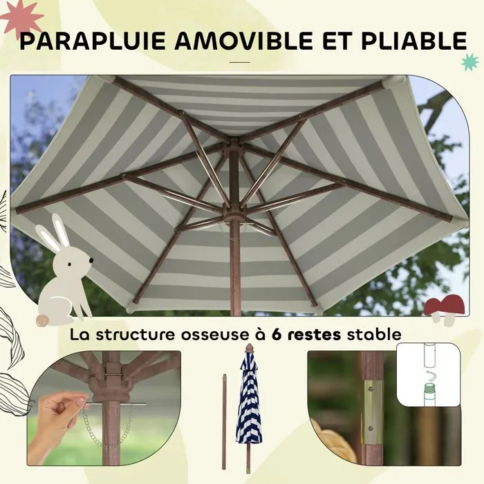 Ensemble salon de jardin extérieur enfant - AIYAPLAY - coussins et parasol amovible - rayé bleu marine et blanc-5