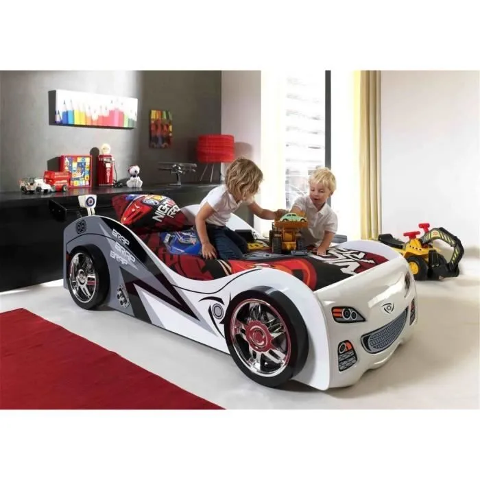 FUN Lit voiture enfant 90x200 cm - Style junior - Blanc-1