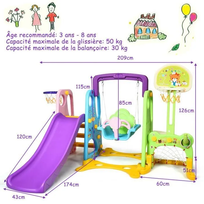 COSTWAY Ensemble Toboggan Balançoire 6 en 1: Basket-ball, Football, Escalade, Jeu Boucle - Exterieur Intérieure 3 - 8 Ans Violet-3