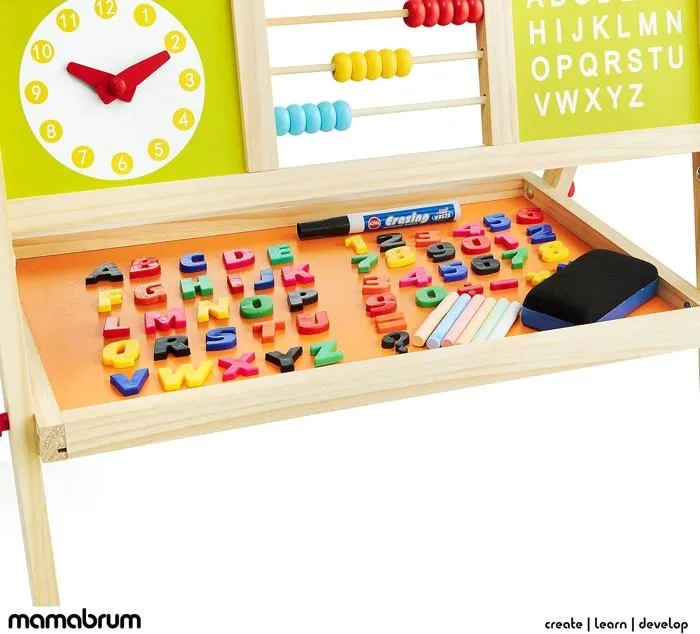 Mamabrum Tableau Enfant en Bois 98 x 45 x 42 cm Face Magnétique avec Marqueur + Tableau Noir à Craie - Horloge et Boulier - Chevalet-5