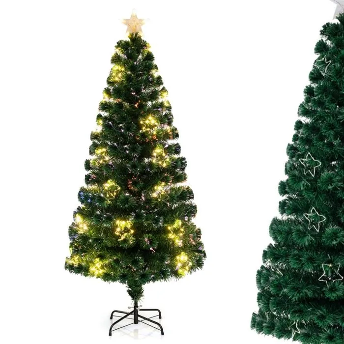 Sapin de Noël Artificiel 180CM COSTWAY-Fibre Optique-36 Lumières Guirlande Lumineuse Blanches Chaudes-Etoile Brillante-230 Pointes-0