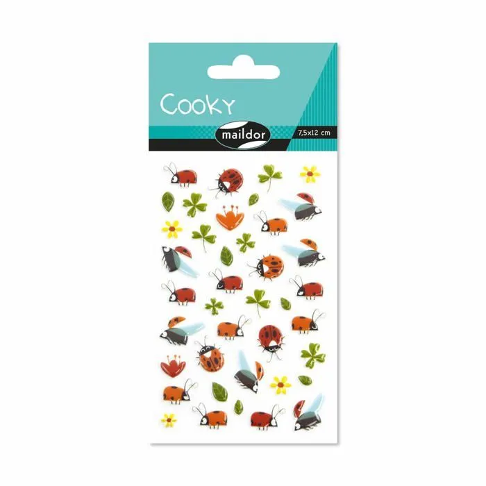 Gommette Maildor - CY094C - Un sachet de gommettes 3D Cooky 1 planche 7,5x12cm, Trefles et coccinelles (40 stickers)-0