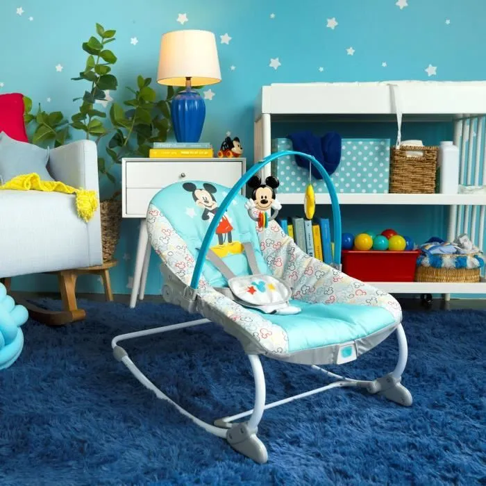 DISNEY BABY -MICKEY- Transat bébé à bascule évolutif 3-en-1 avec 3 Positions et arche avec jouets peluches Mickey amovible-1
