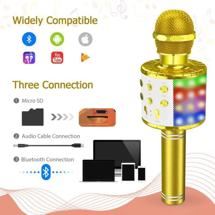 Karaoké Microphone Sans Fil, Microphone USB Enregistreur, Microphone Bluetooth Multifonctionnel-Gold-3