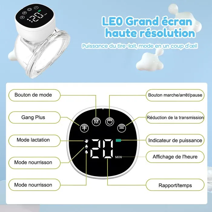 Tire Lait Electrique Main Libre,Tire-Laits 2 Pièces,Tire Lait Electrique,Faible Bruit Rechargeable Sans Fil 3 Modes 9 étapes-5