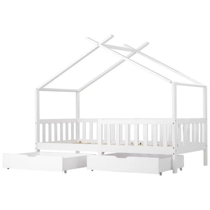 MODERNLUXE Lit cabane enfant avec 2 tiroirs, Lit d'enfant en pin blanc massif - Sommier inclus - 90 x 200 cm-1