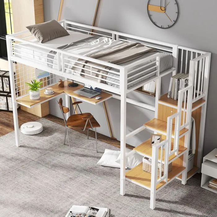 Lit mezzanine - Non spécifié - 90 x 200 cm - Blanc - Échelle latérale - Armoire intégrée-1