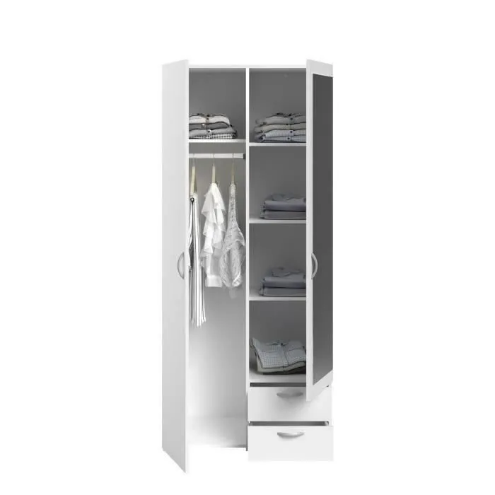 Armoire VARIA - Décor blanc - 2 portes battantes + 1 miroir + 2 tiroirs - L 81 x H 185 x P 51 cm - PARISOT-3