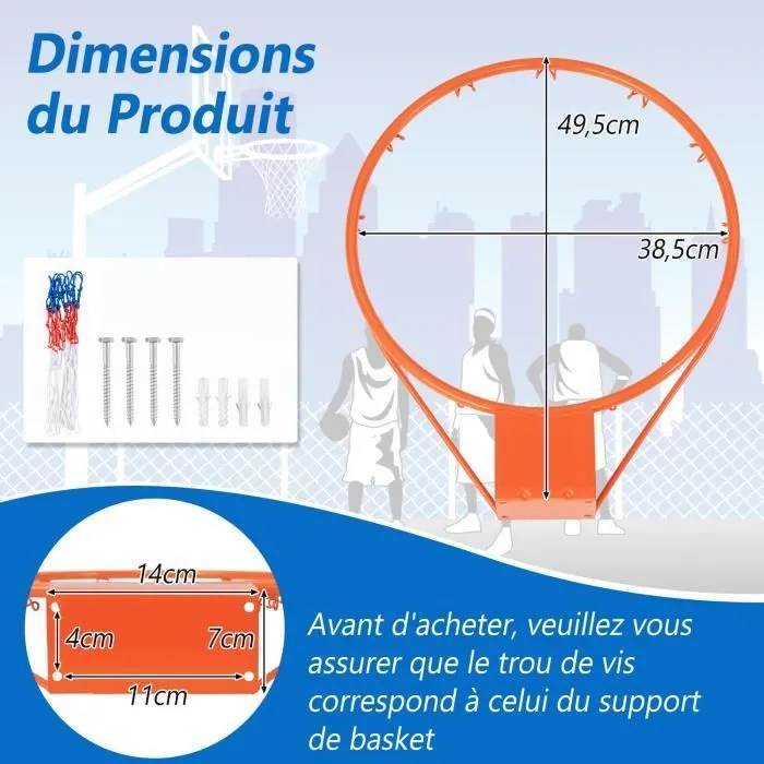 Cerceau Panier de Basket-ball Mural 38,5cm COSTWAY-Filet-Tube Métallique-Jante de Remplacement Universelle-Intérieur,Extérieur-Rouge-3