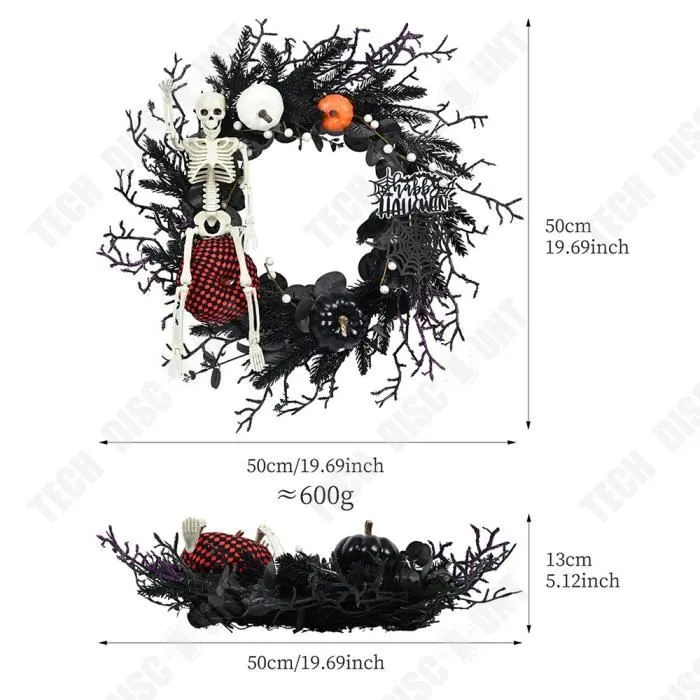 TD® Couronne de tête de mort pour Halloween 50*50*13cm Support de crâne simulé Gothique sombre Couronne de décoration pour Halloween-2
