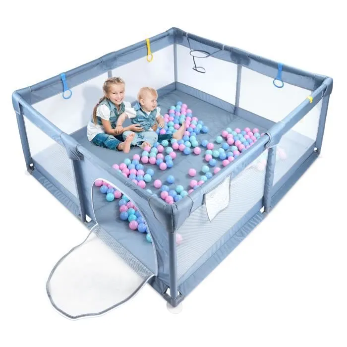LILIIN Parc pour Bébé Barrière de Sécurité avec filet respirant et fermeture éclair, Pour Intérieur, 130x130x66cm, Gris-2