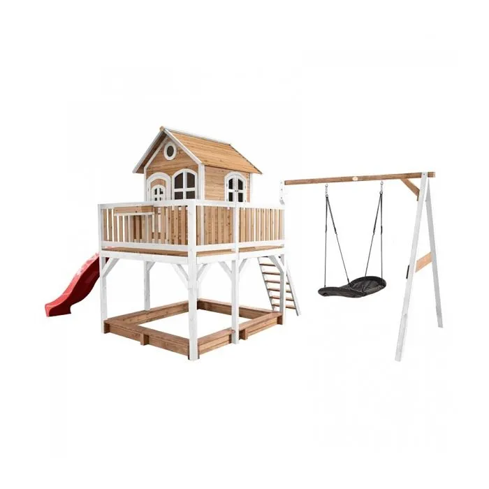 AXI Liam Maison Enfant avec Bac à Sable, Balançoire Nid d’Oiseau Noir & Toboggan Rouge | Aire de Jeux pour l'extérieur-0