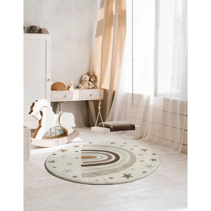 Tapis moderne doux pour enfants | Motif arc-en-ciel en crème 120x120 rond | Chambres de filles et de garçons - The Carpet SOUND-0