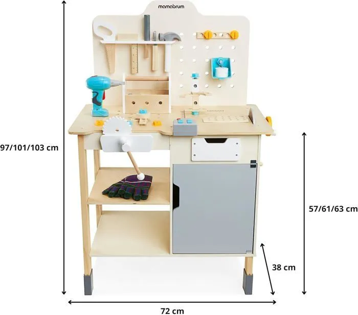 Etabli Enfant en Bois- Mamabrum- Grand atelier bois avec outils XXL - 74 éléments- Kit DIY- table de travail, perceuse, tournevis-2