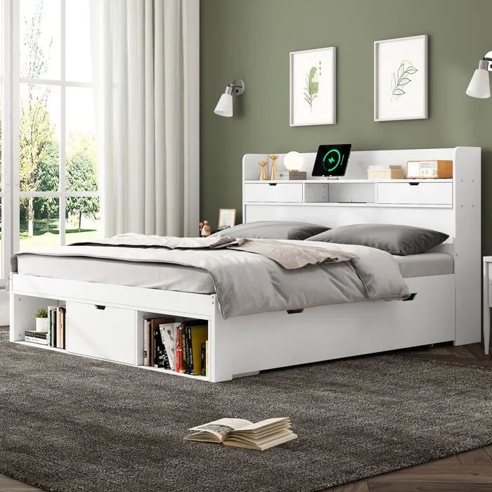Lit multifonctionnel - Blanc - 140x190 cm - Port USB - Tiroirs - Armoire de rangement-4