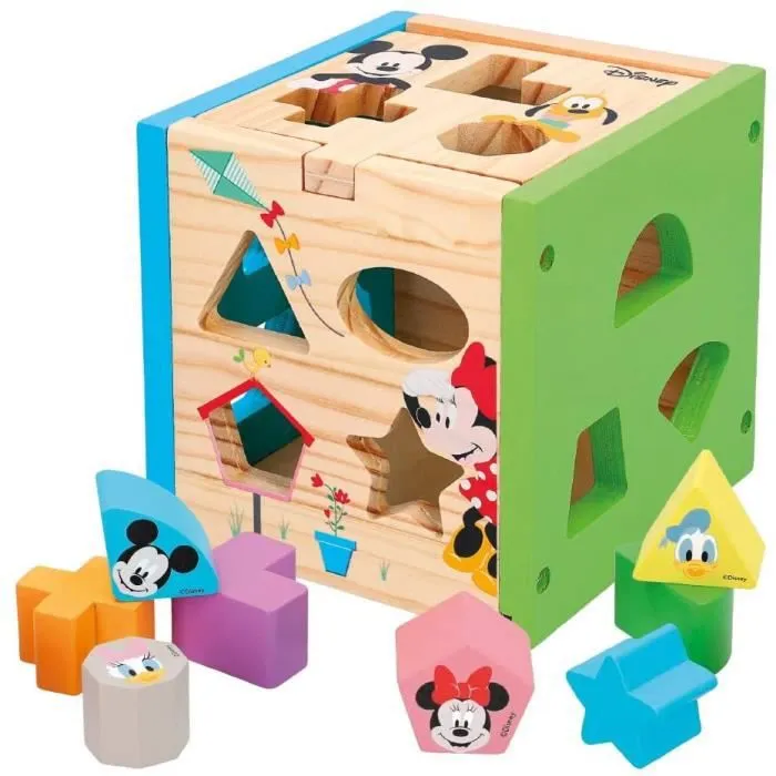 Jeu de construction en bois Disney Mickey et Minnie - Cube 15 cm - Couleurs variées-1