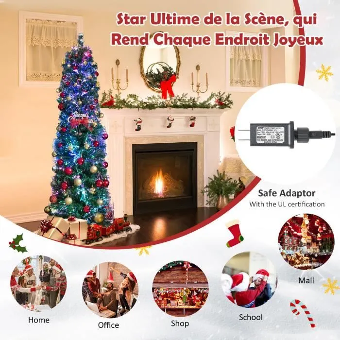 COSTWAY Sapin de Noël Artificiel 180 cm avec Fibre Optique Colorées 517 Branches PVC Forme de Crayon Décoration de Noël pour Maison-2