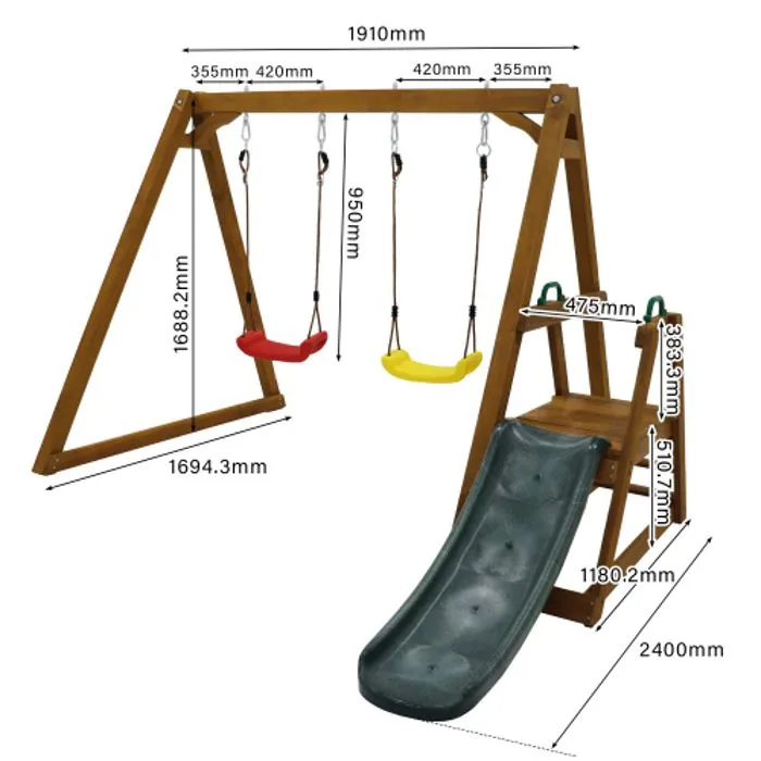 Balançoire robuste avec toboggan et échelle, cadre de balançoire en bois massif, 238,5x240x168,9 cm-2