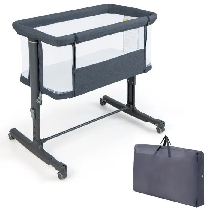 COSTWAY Lit Cododo Bébé avec Matelas-5 Hauteurs Réglables-Charge 9KG-Lit Berceau Maille Respirante-Sac de Voyage-0-6 Mois-Gris-0
