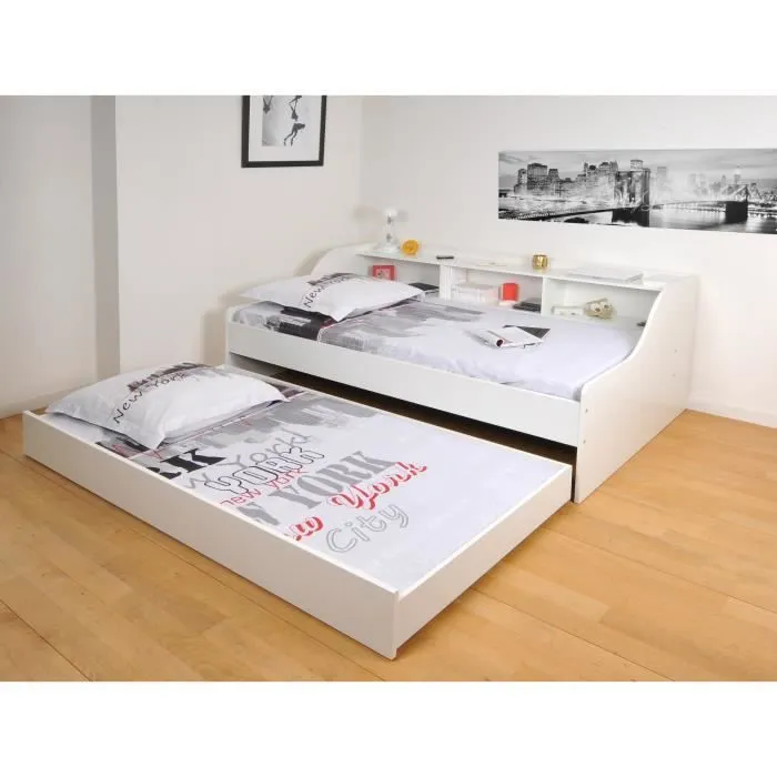 Lit enfant PALMA - WEBER INDUSTRIES - Contemporain - Mélaminé blanc - Avec tiroir lit et étagères intégrés-2