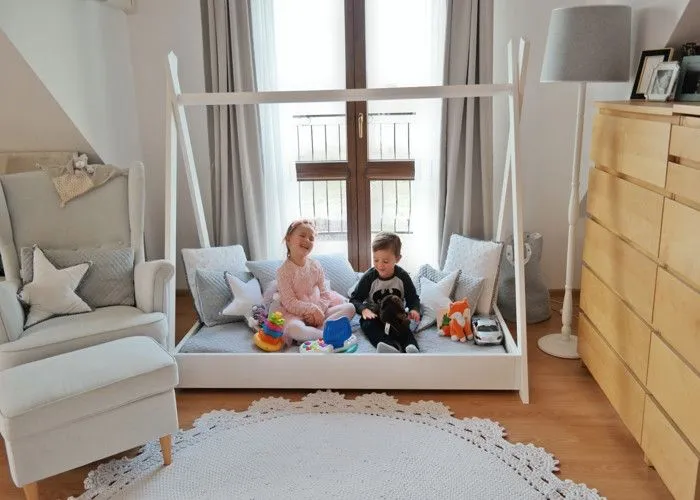 Lit pour enfant Maison 2-en-1 avec Tente Cabane en Bois Naturel (160x80 cm) avec matelas : Aventures Ludiques et Repos Douillet - B-5