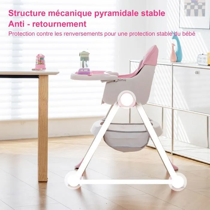 K IKIDO Chaise haute bébé, Chaise Haute Évolutive,De 6 mois à 3 ans,chaise 2 en 1 avec harnais 5 points, rose-2