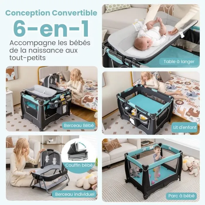 COSTWAY 6 en 1 Lit Parapluie Bébé avec Matelas,Barre Détachable avec Auvent Réglable,2 Jouets Musical et Sac Transport 0-3 Ans Vert-1