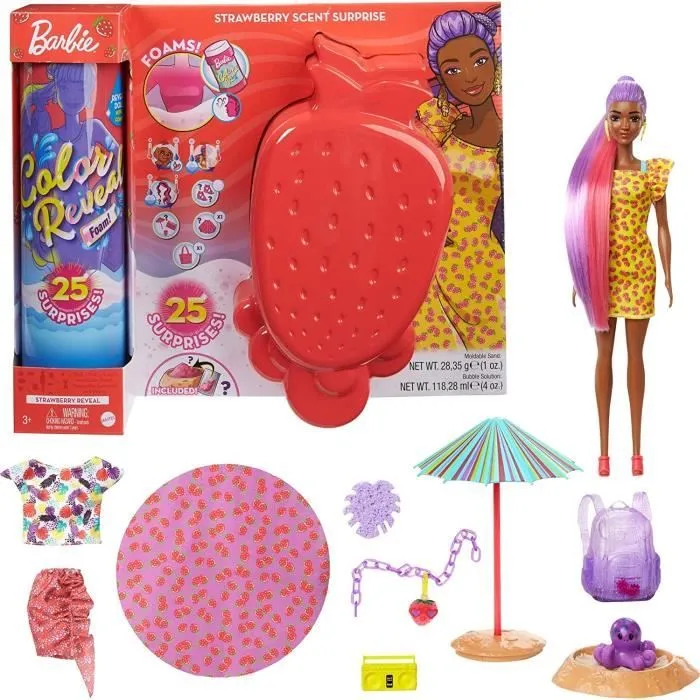 Barbie Color Reveal - Barbie - GTN18 - Mousse parfumée - 25 éléments mystère - Thème Fraise-0