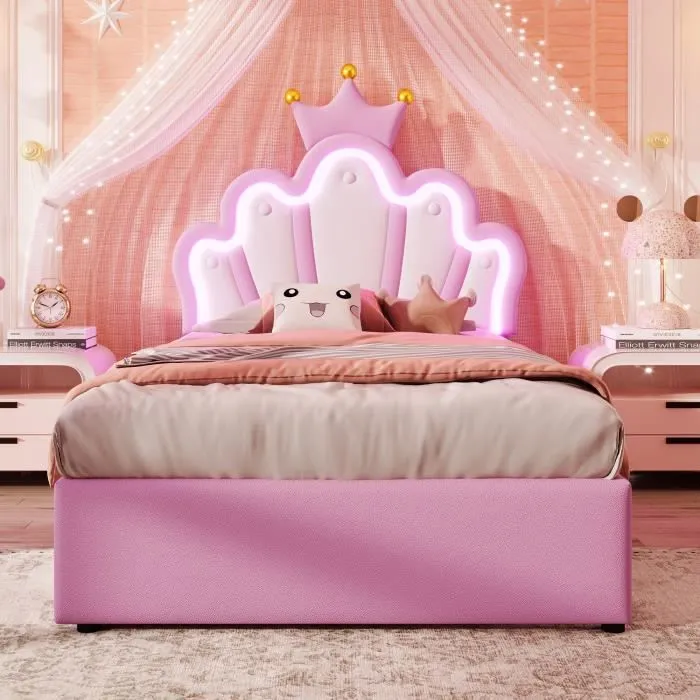 Lit enfant - Princesse - 90x200cm - 2 tiroirs - Tête de lit LED - Cuir PU rose-1
