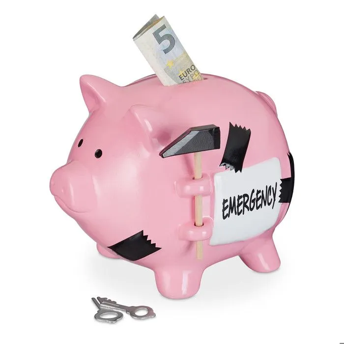 Relaxdays Tirelire cochon avec marteau, inscription « Emergency », verrouillable, céramique, HLP : 14,5x15,5x20 cm, rose-0