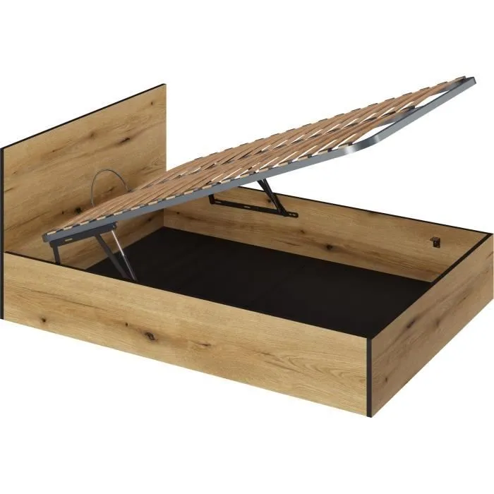 Lit Coffre 140x190 en bois + Tête de lit - Chêne Rustique - Sommier à lattes inclus - L 140 x P 193 x H 80 cm-4