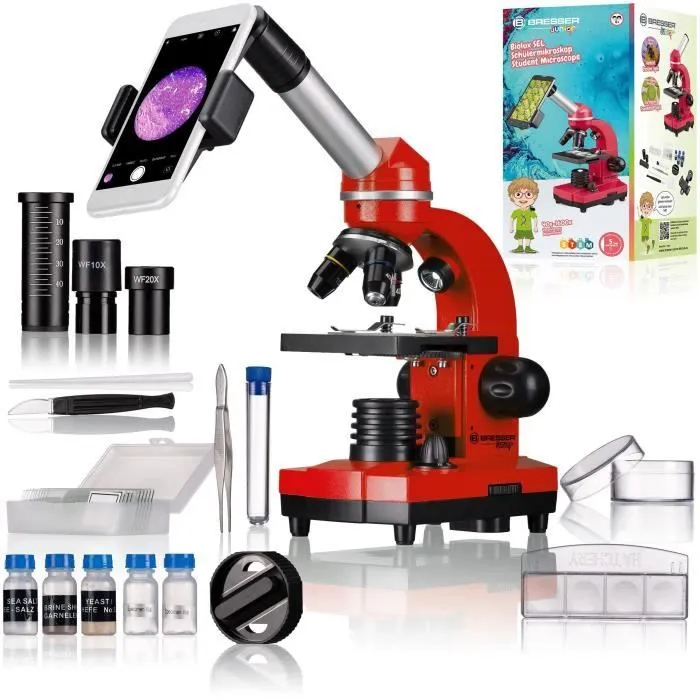 Microscope étudiant BIOLUX SEL - BRESSER JUNIOR - grossissement 40x-1600x - kit d’expérimentation - rouge-0
