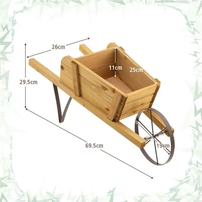 COSTWAY Brouette Décorative en Bois pour Plantes avec Roue Flexible,9 Accessoires Magnétiques, 2 Longues Poignées Jardin,Terrasse-3