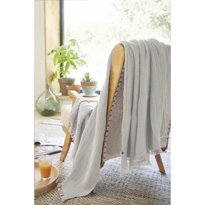 Plaid en gaze de coton - L'EFFET PAPILLON - Gaia - Gris clair - 130x160 cm-1