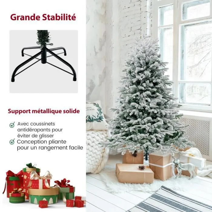 Sapin de Noël Artificiel LED 135 cm COSTWAY-200 Lumières Blanches Chaudes Pré-illuminé-688 Branches avec Neige Blanche en PE PVC-3
