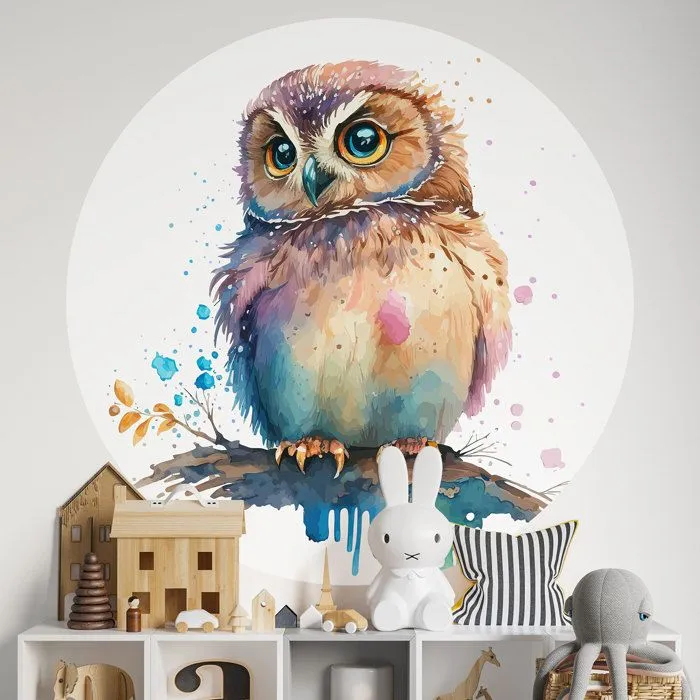 Sticker mural rond - Hibou - Adhésif MAT - Diamètre 30 cm - Décoration murale enfants - Vinyle-0