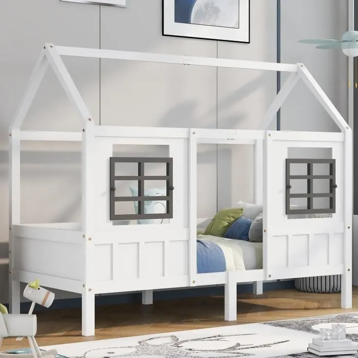 Lit cabane enfant 90x200cm,avec barrière de protection,fille,garcon,cadre en bois massif,blanc,avec 2 fenêtre-2