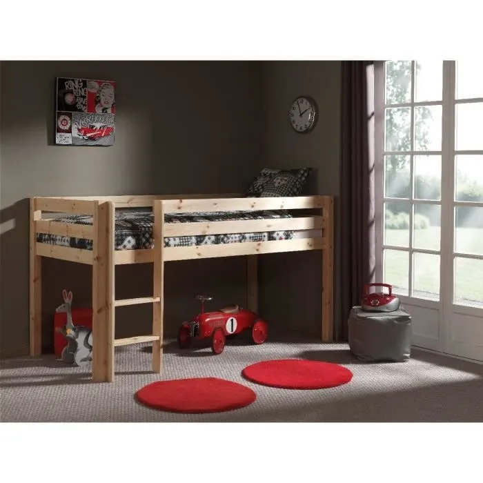 Lit enfant mezzanine en pin massif - VIPACK - Charlotte - Gris - 90x200 cm - A lattes-0