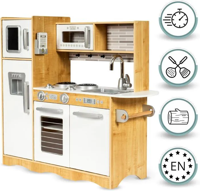 Mamabrum Cuisine Enfant En Bois Éclairage LED XXL 92 x 30 x 82,5 CM Ustensiles Tablier Frigo Micro-ondes Plaque Certifiée CE & EN-2