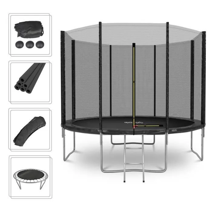 Trampoline de Jardin Deluxe 10FT ø305cm Noir - avec Filet de sécurité, Tapis de saut, Coussin de protection, Echelle-0