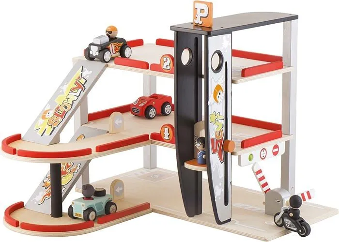 Garage à voitures SEVI - Parking en bois rouge 47 x 57 cm - Pour enfants à partir de 3 ans-1