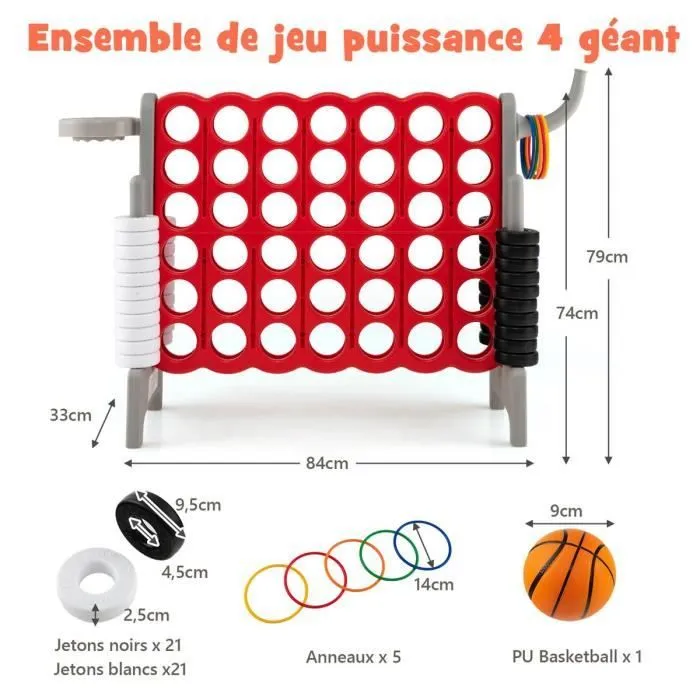 COSTWAY Jeux Puissance 4 Géant pour Enfants Multifonction 3 en 1 avec Cerceau de Basket-ball Jeu d’Anneaux au Côté 42 Anneaux Gris-3