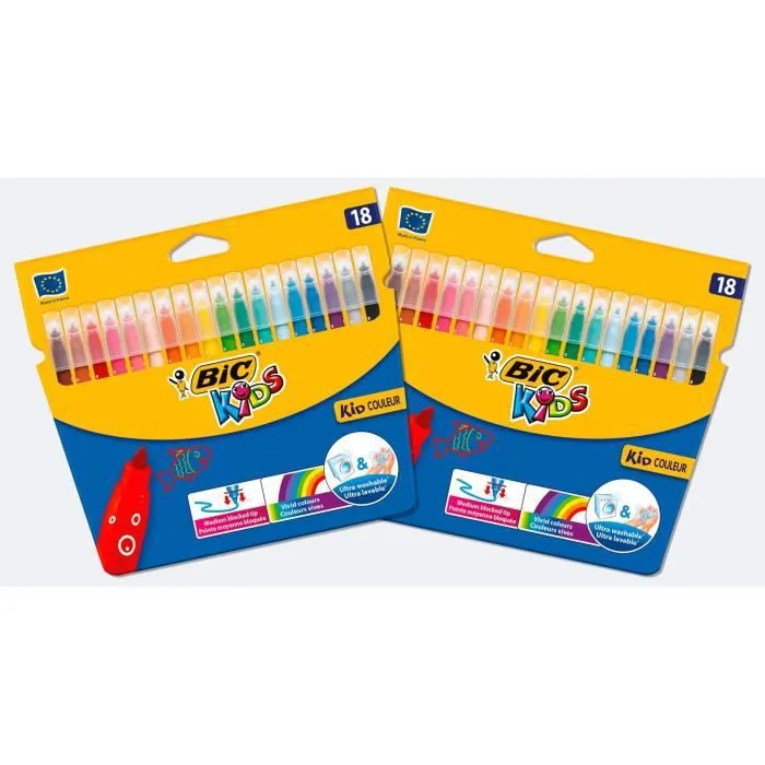 BIC Kids Kid Couleur Feutres de Coloriage à Pointe Moyenne - Couleurs Assorties, Lot de 2 Etuis Carton de 18-0