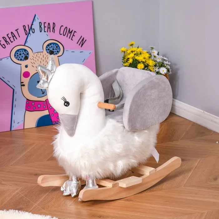 Cheval à bascule modèle cygne fonction musicale selle grand confort peluche courte douce bois peuplier blanc et gris dim. 60L x 33l-1