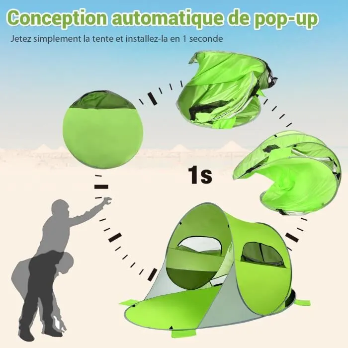 COSTWAY Tente de Plage Pop-up Pliable Automatique Instantanée 3-4 Personnes Anti UV avec 8 Sardines 4 Cordes d’Ancrage Vert-1