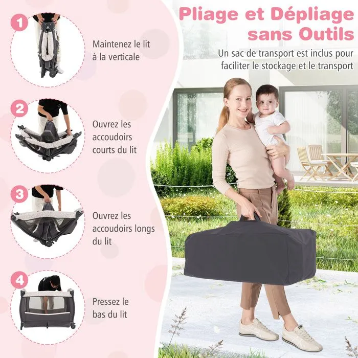 Lit Parapluie Bébé Pliant COSTWAY 4 en 1-avec Matelas,Boîte à Musique,Toit Réglable-Table à Langer Rabattable-3 Ans-Gris Fleuri-1